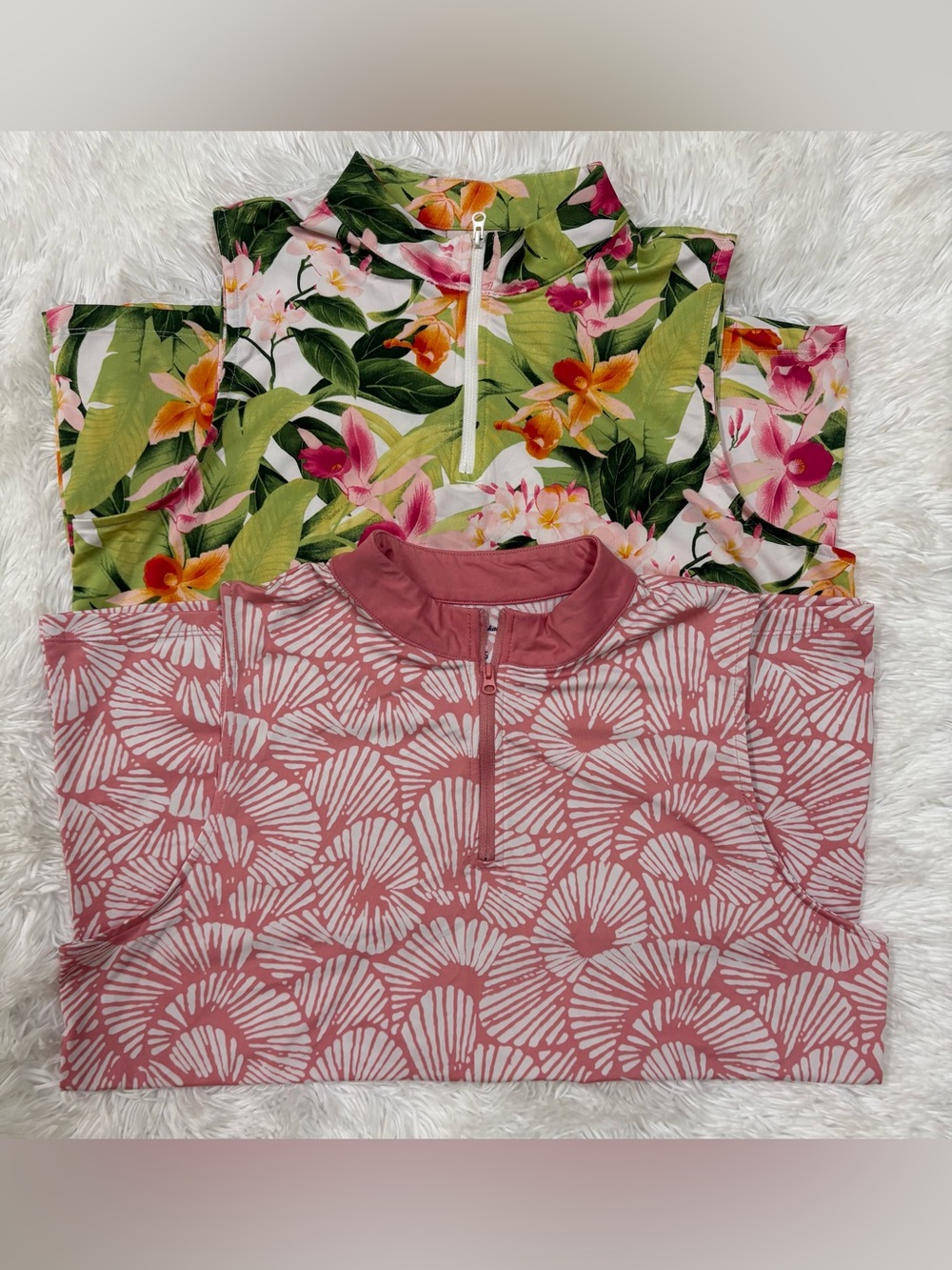 Bundle Tommy Bahama Green Floral & Dusty Pink Half-Zip Tops (2)